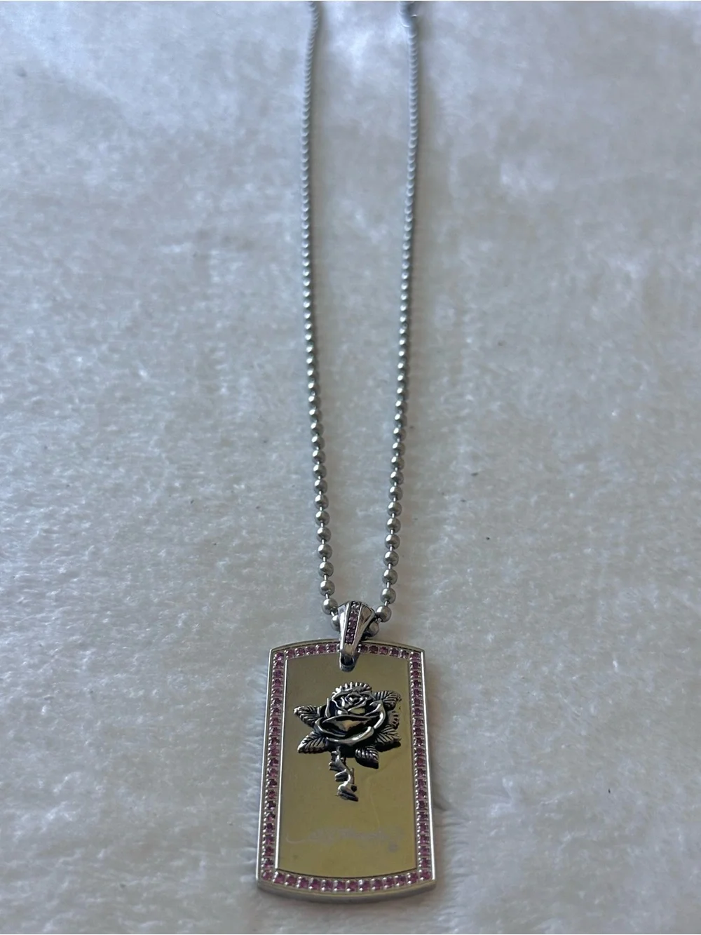 Ed Hardy Silver Dog Tag Necklace with Crystal Border